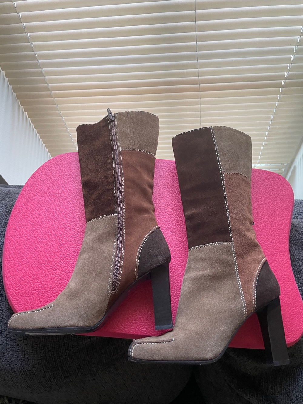 Via Spiga Two-Tone Taupe and Black High Heel Mid-Calf Boots